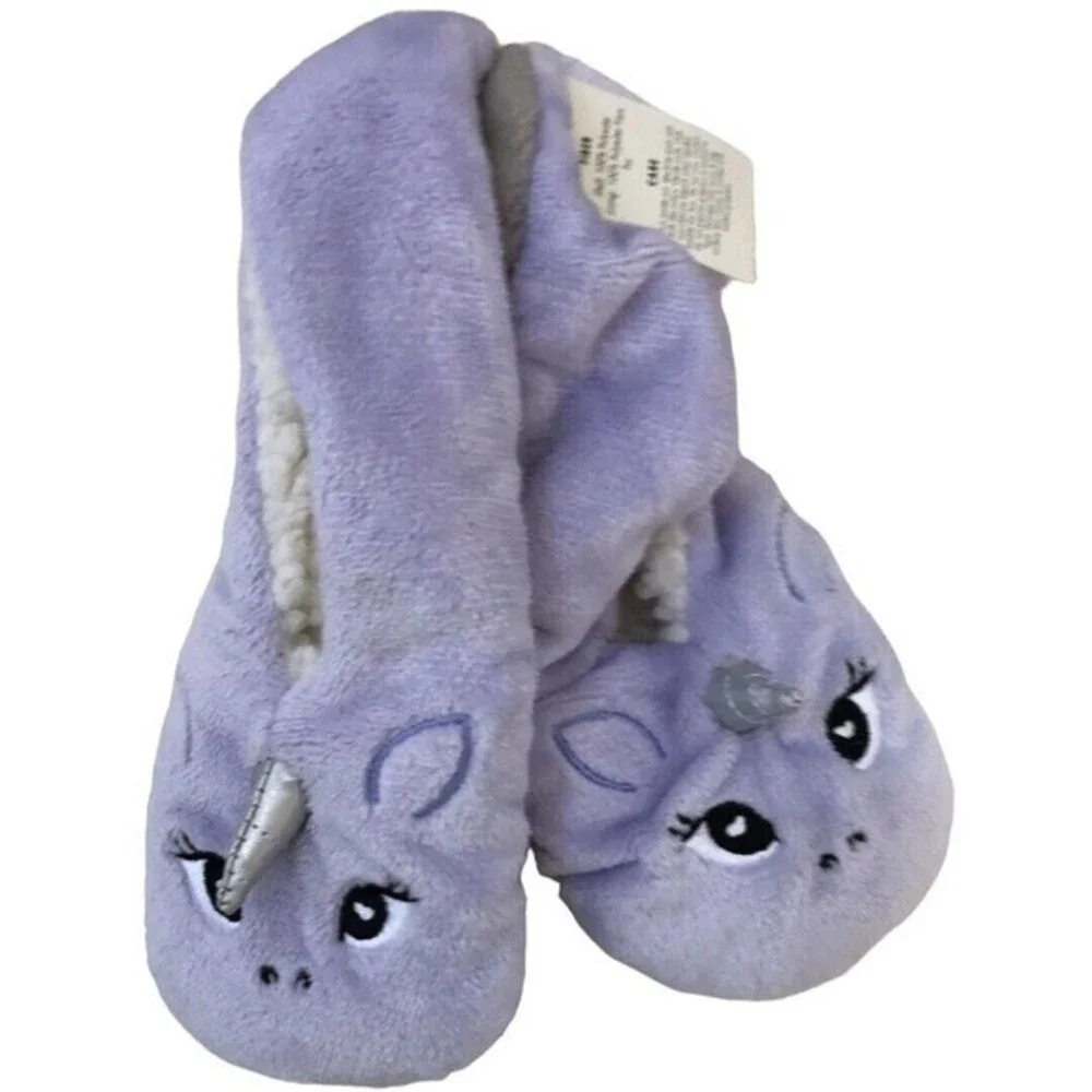 NEW Cat & Jack Kids Slippers Purple Unicorn Plush Gripper Bottoms Size M/L